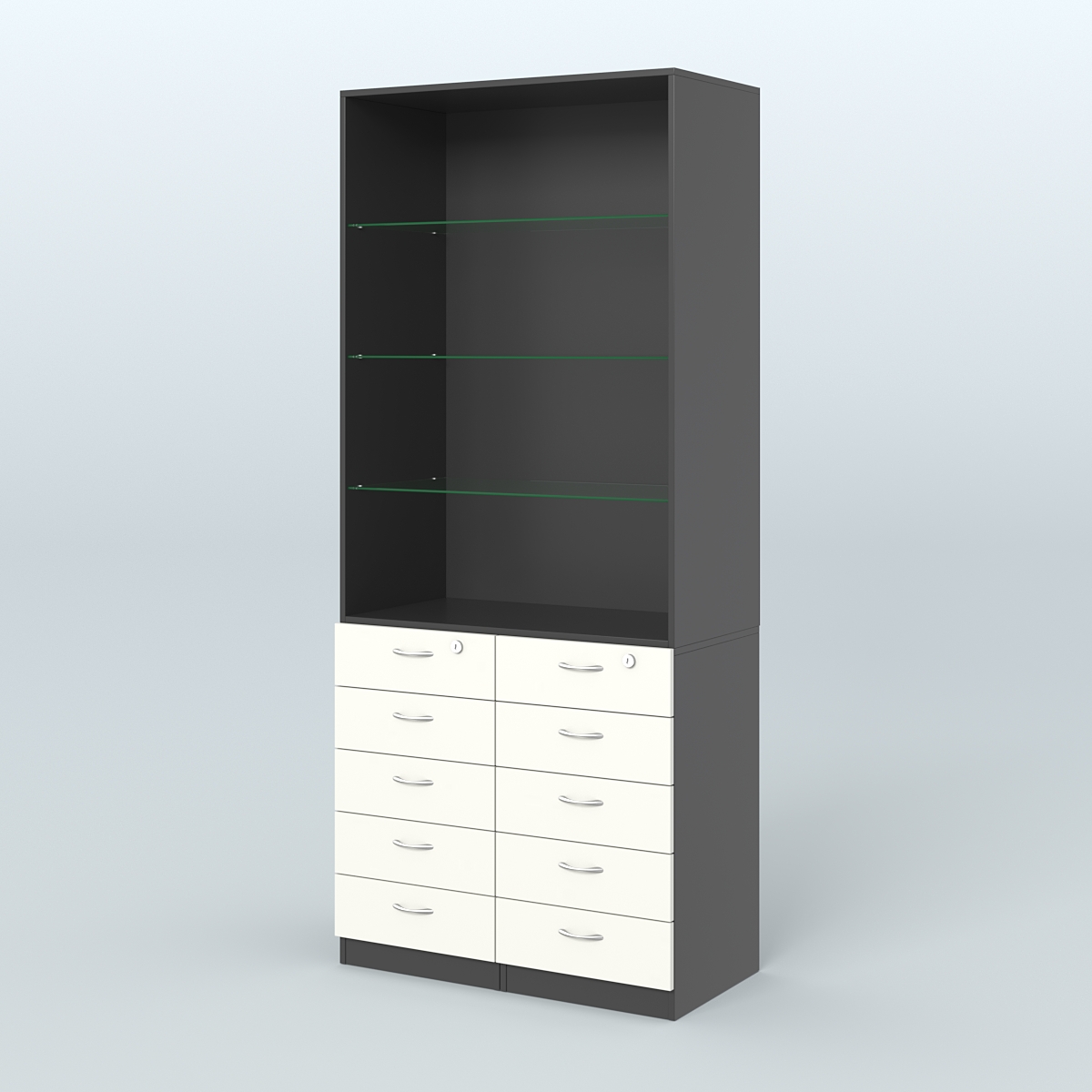 Шкаф для аптек с 10-ю ящиками и тремя стеклянными полками №6-Б Черный + Белый