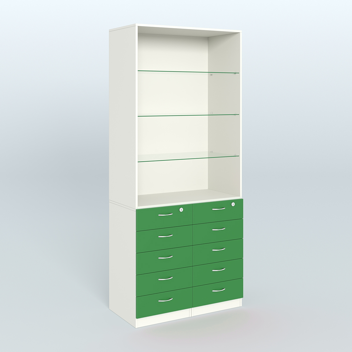 Шкаф для аптек с 10-ю ящиками и тремя стеклянными полками №6-Б Белый + Зеленый Оксид 9561 BS