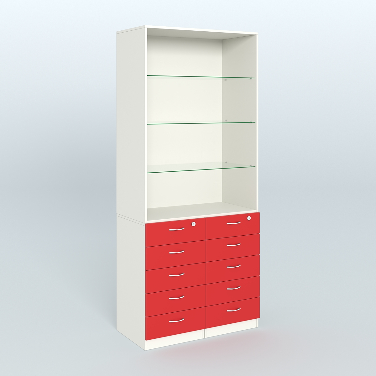 Шкаф для аптек с 10-ю ящиками и тремя стеклянными полками №6-Б Белый + Красный