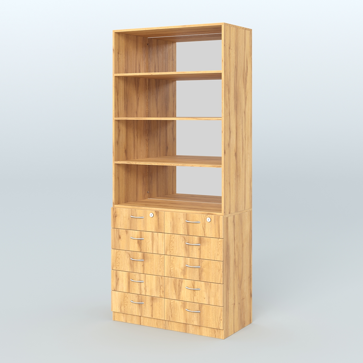 Шкаф для аптек с 10-ю ящиками с полками ДСП и зеркалом №6-1-Д Дуб Золотистый