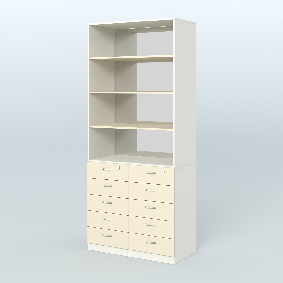 Шкаф для аптек с 10-ю ящиками с полками ДСП и зеркалом №6-1-Д Белый + Крем Вайс