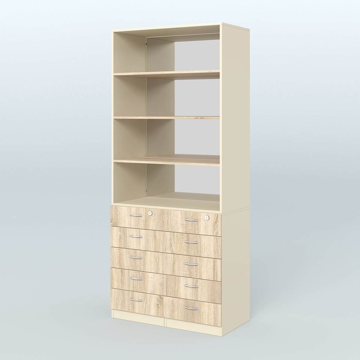 Шкаф для аптек с 10-ю ящиками с полками ДСП и зеркалом №6-1-Д Крем Вайс и Дуб Сонома U2236-5