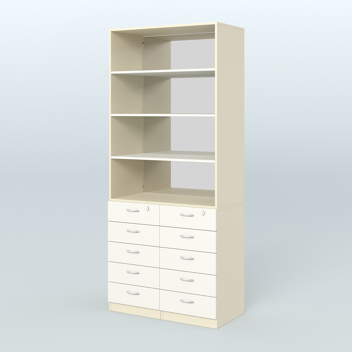 Шкаф для аптек с 10-ю ящиками с полками ДСП и зеркалом №6-1-Д Крем Вайс + Белый