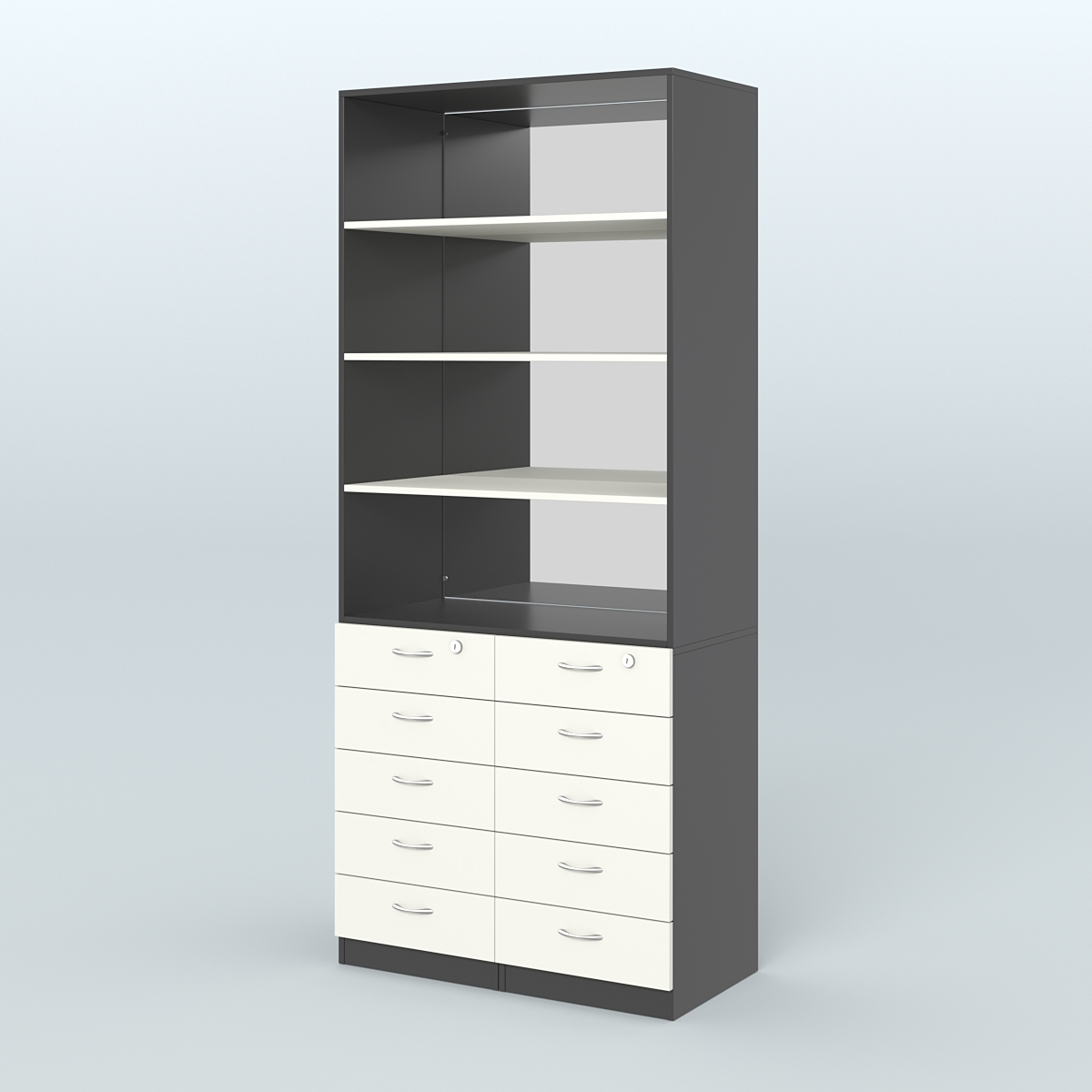 Шкаф для аптек с 10-ю ящиками с полками ДСП и зеркалом №6-1-Д Черный + Белый