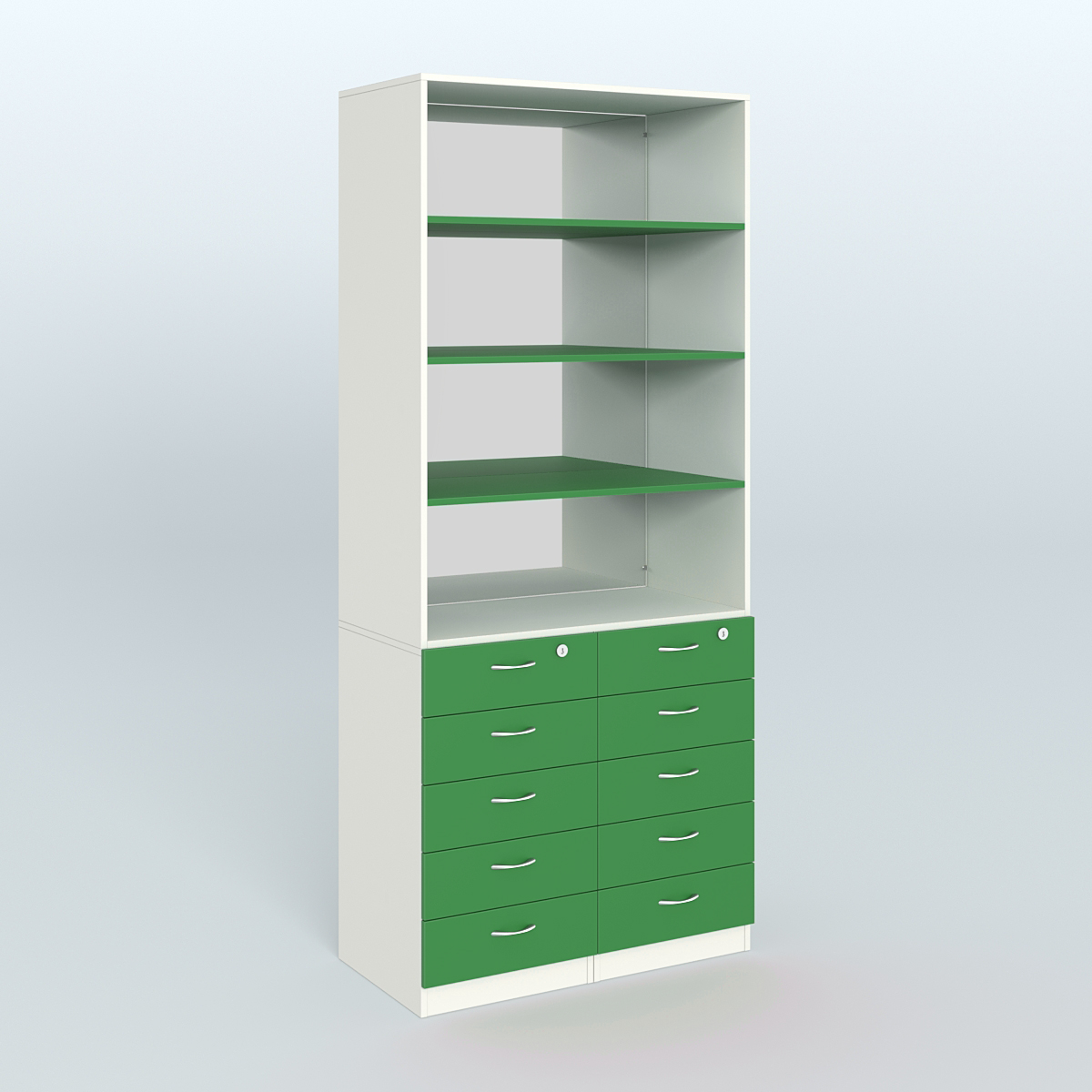 Шкаф для аптек с 10-ю ящиками с полками ДСП и зеркалом №6-1-Д Белый + Зеленый Оксид 9561 BS