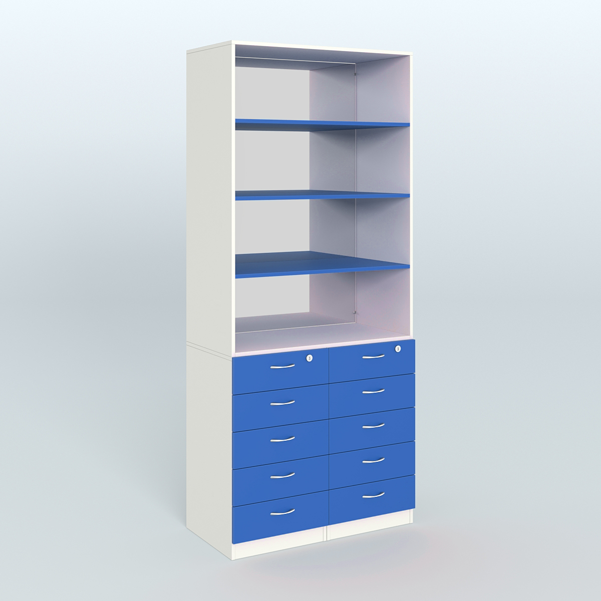 Шкаф для аптек с 10-ю ящиками с полками ДСП и зеркалом №6-1-Д Белый + Делфт голубой