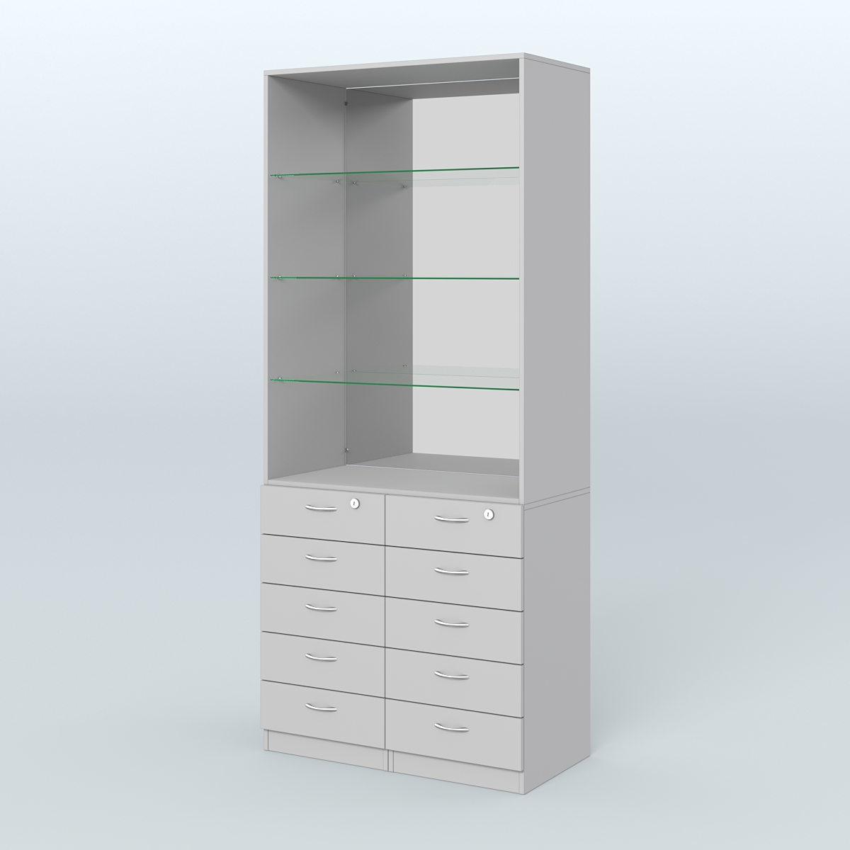 Шкаф для аптек с 10-ю ящиками полками стекло и зеркалом №6-1-СЗ Серый