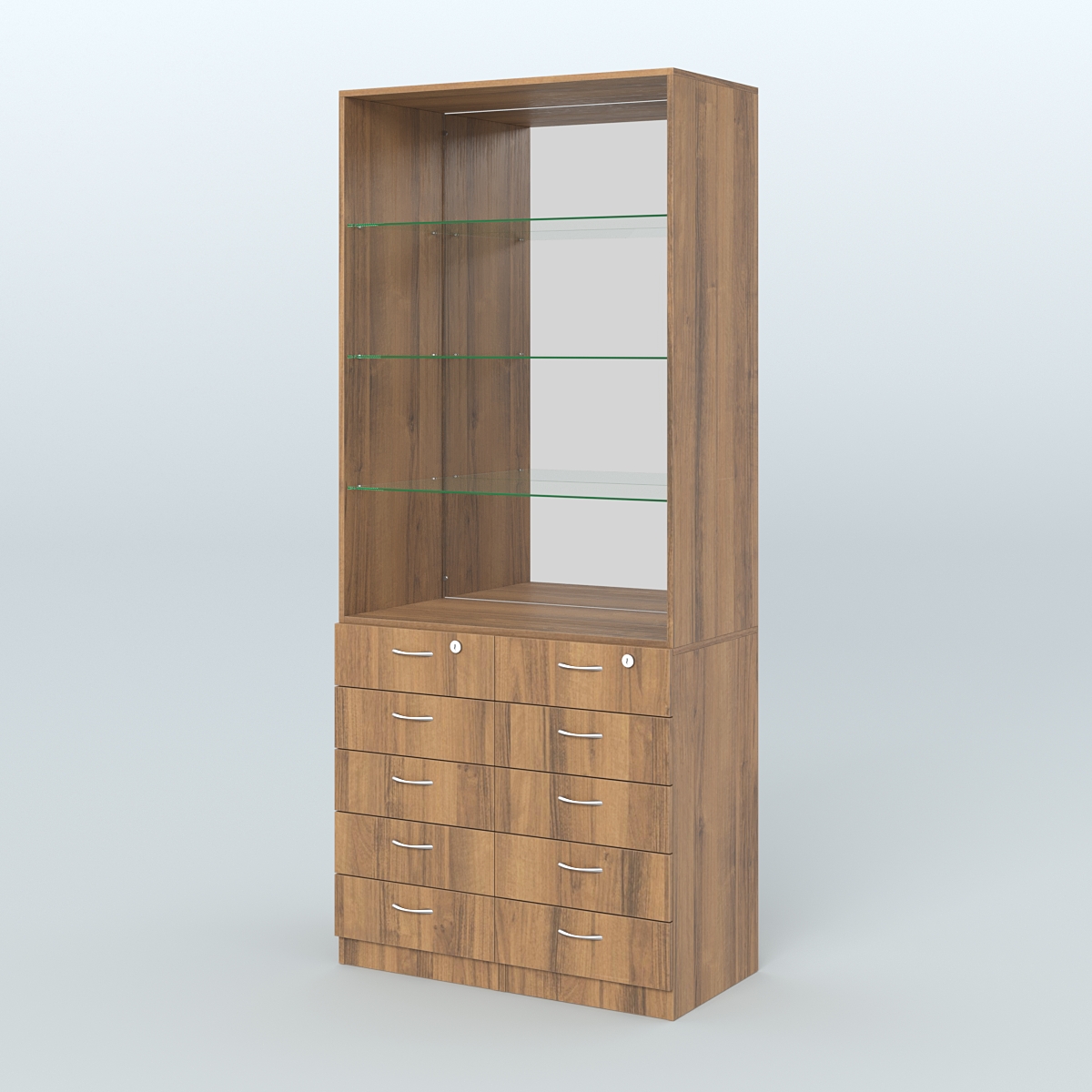 Шкаф для аптек с 10-ю ящиками полками стекло и зеркалом №6-1-СЗ Орех