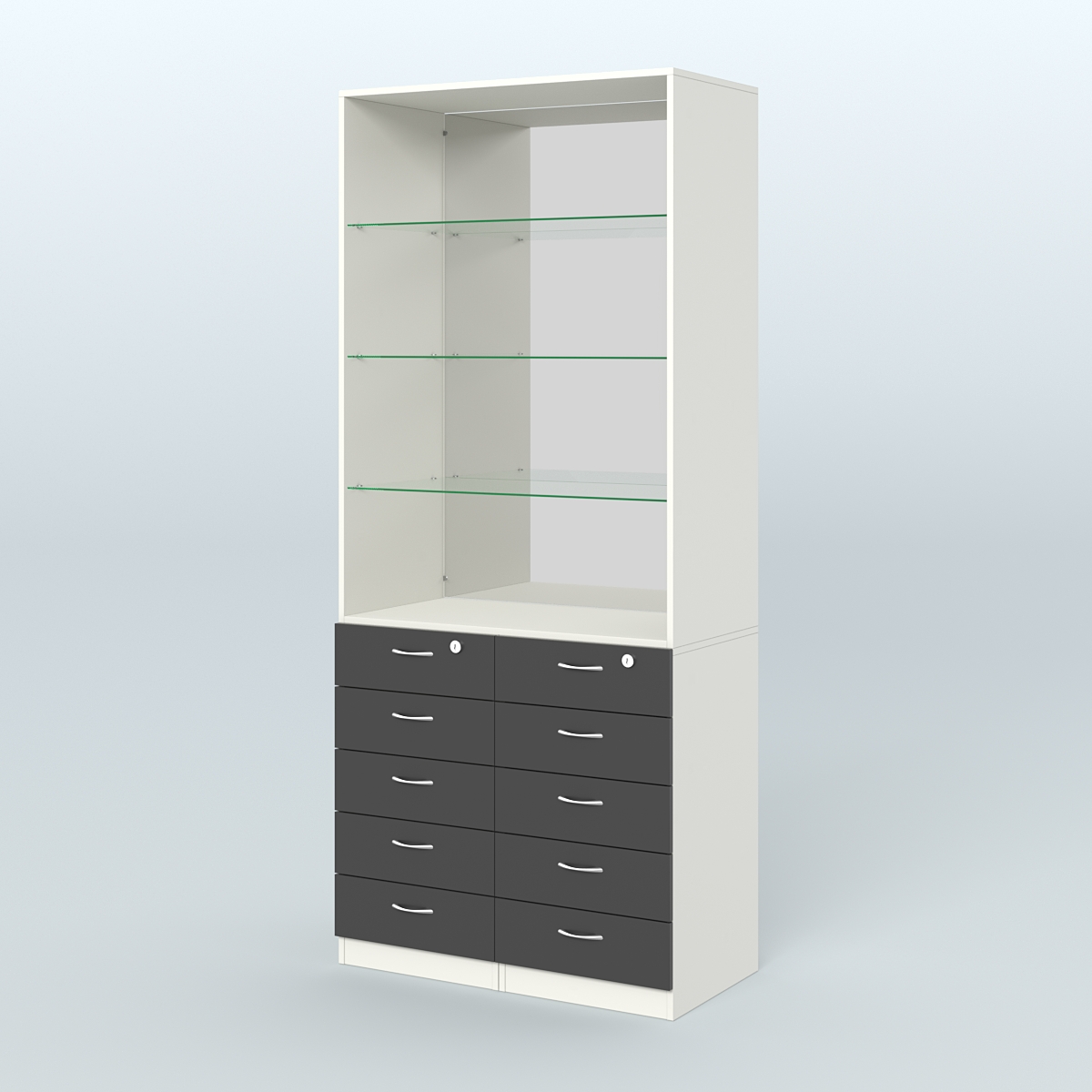 Шкаф для аптек с 10-ю ящиками полками стекло и зеркалом №6-1-СЗ Белый и Черный