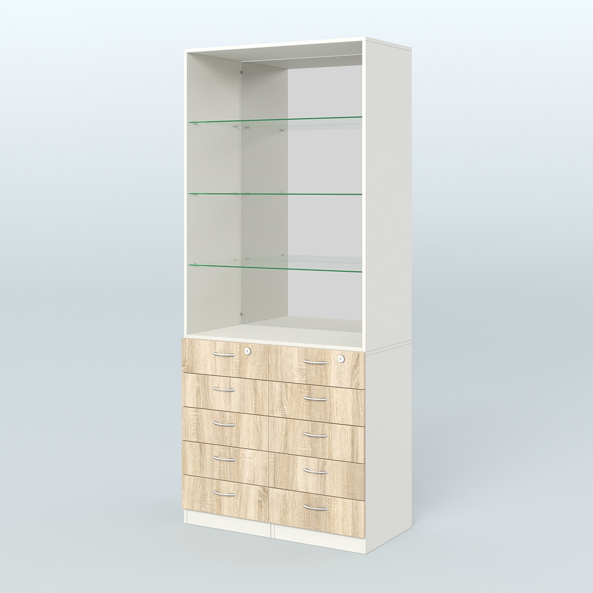 Шкаф для аптек с 10-ю ящиками полками стекло и зеркалом №6-1-СЗ Белый + Дуб Сонома