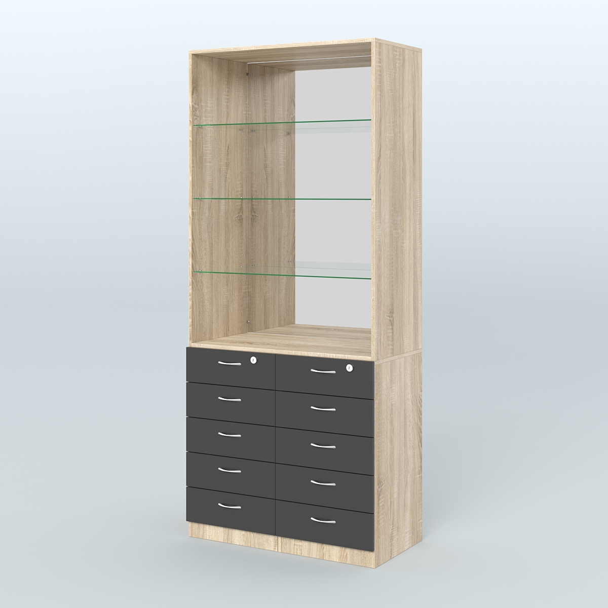 Шкаф для аптек с 10-ю ящиками полками стекло и зеркалом №6-1-СЗ Дуб Сонома + Черный