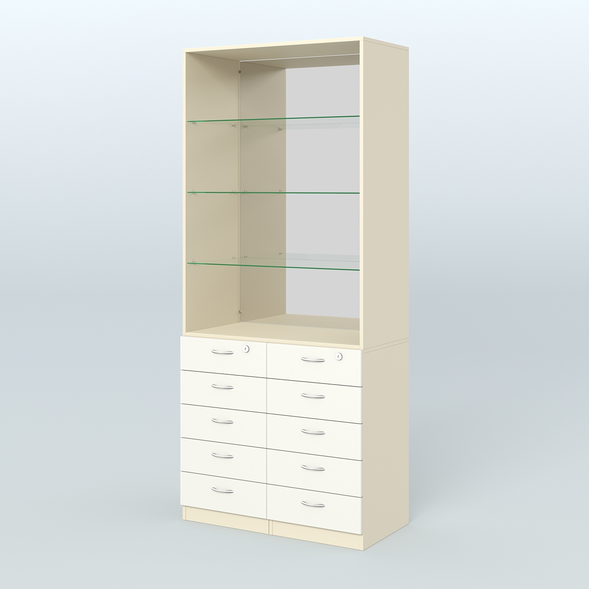 Шкаф для аптек с 10-ю ящиками полками стекло и зеркалом №6-1-СЗ Крем Вайс + Белый