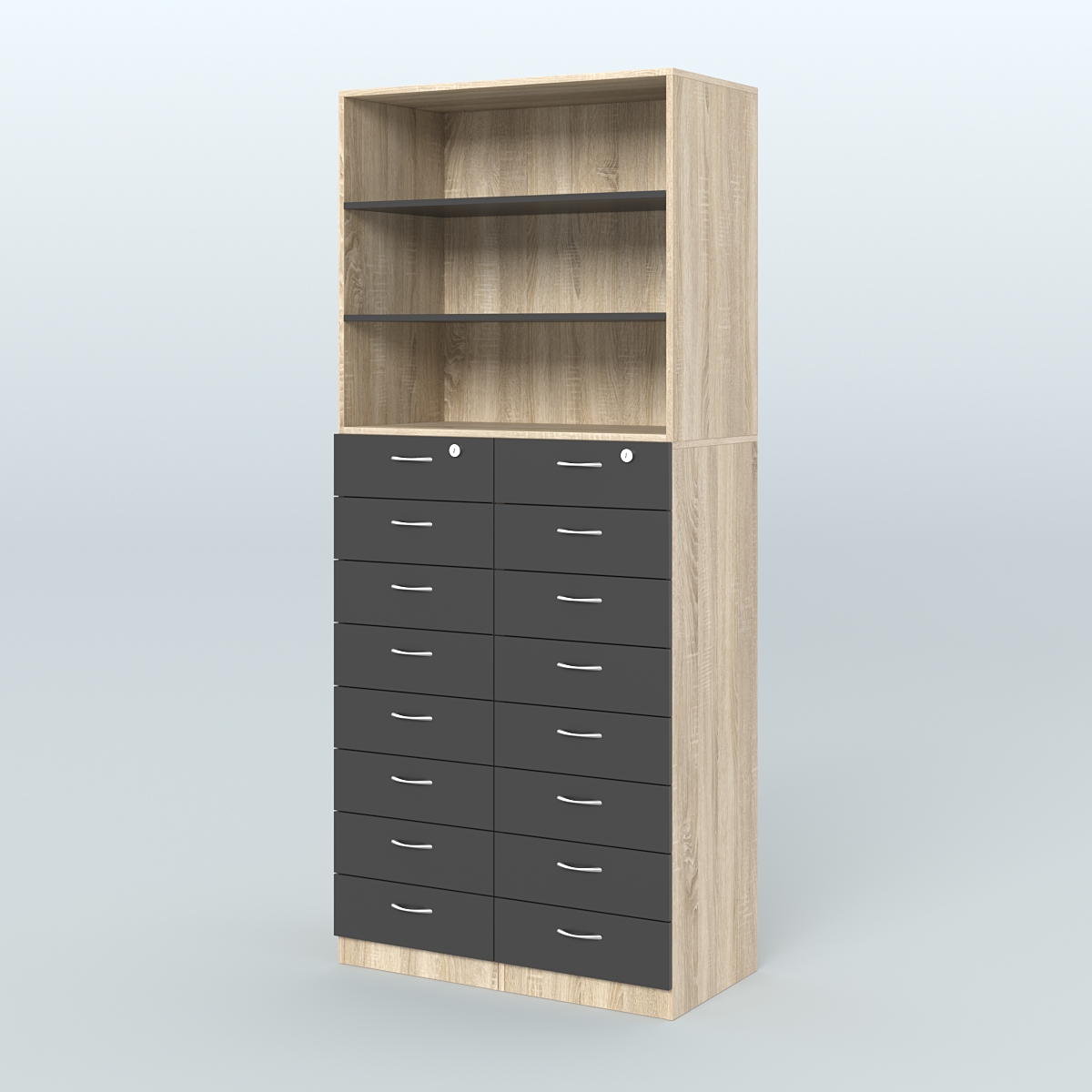 Шкаф для аптек с 16-ю ящиками и двумя полками ДСП №7-Д Дуб Сонома + Черный