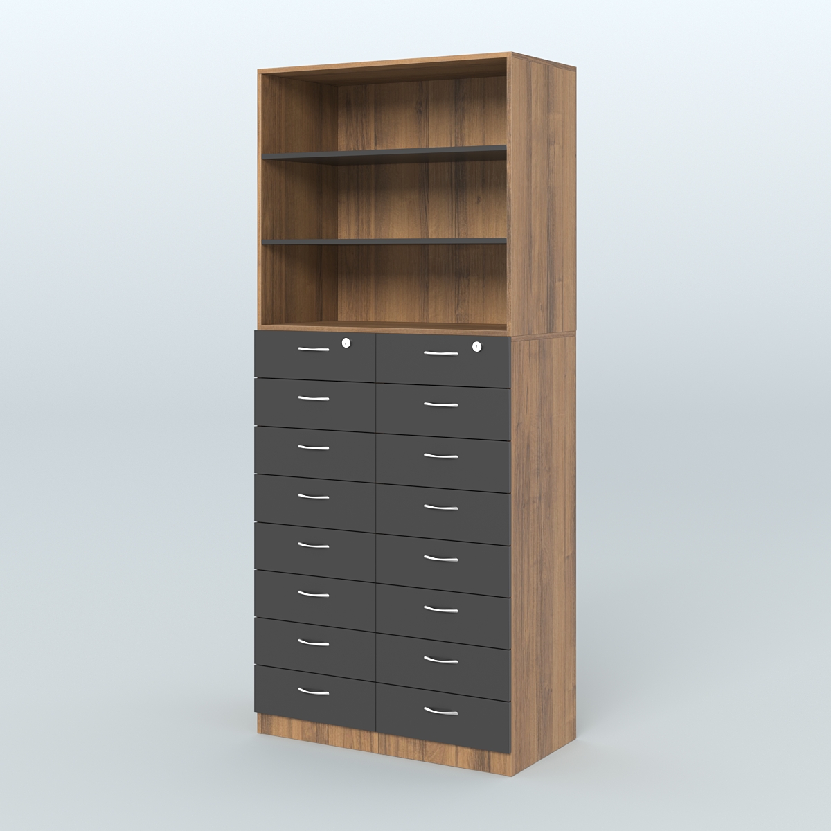 Шкаф для аптек с 16-ю ящиками и двумя полками ДСП №7-Д Орех + Черный