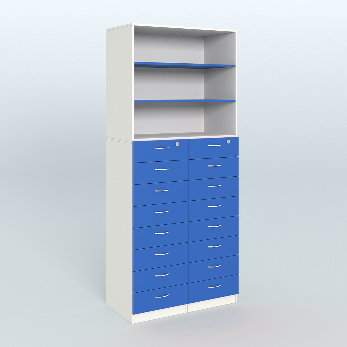 Шкаф для аптек с 16-ю ящиками и двумя полками ДСП №7-Д Белый + Делфт голубой