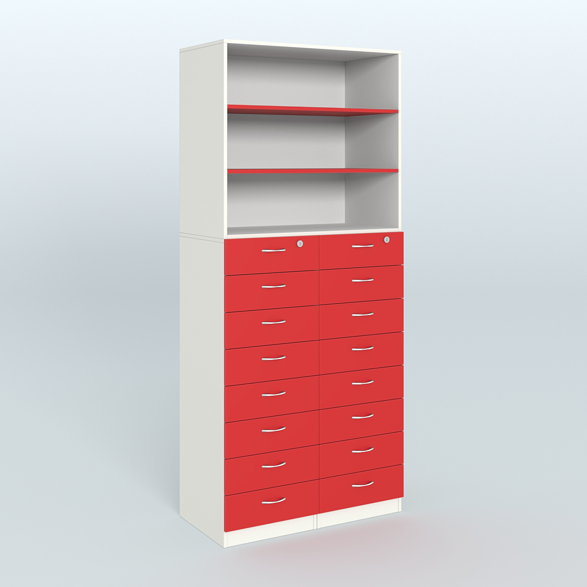 Шкаф для аптек с 16-ю ящиками и двумя полками ДСП №7-Д Белый + Красный