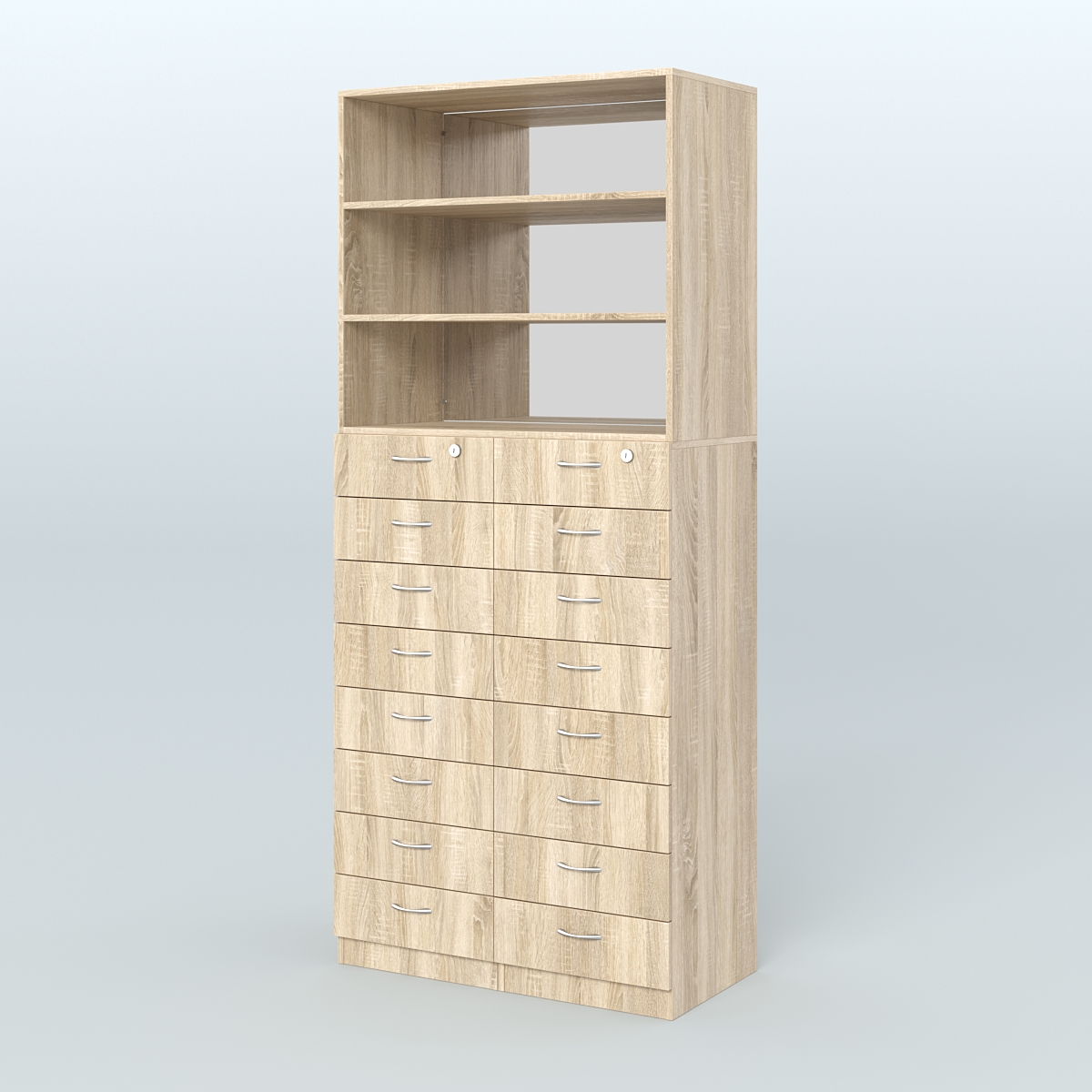 Шкаф для аптек с 16-ю ящиками и двумя полками ДСП и зеркалом №7-1-ДЗ Дуб Сонома