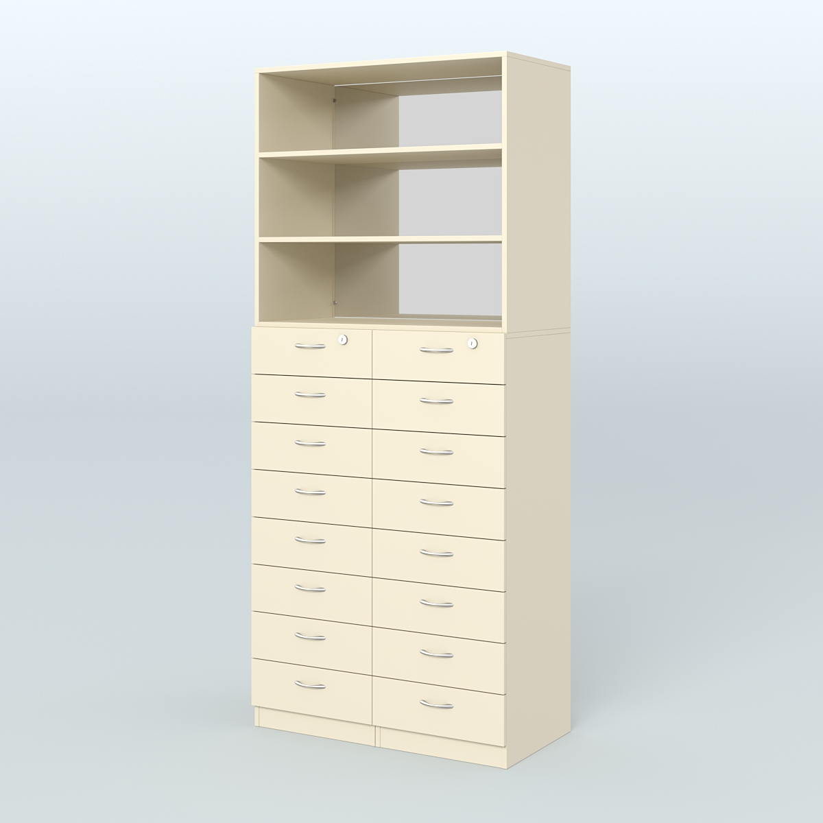 Шкаф для аптек с 16-ю ящиками и двумя полками ДСП и зеркалом №7-1-ДЗ Крем Вайс