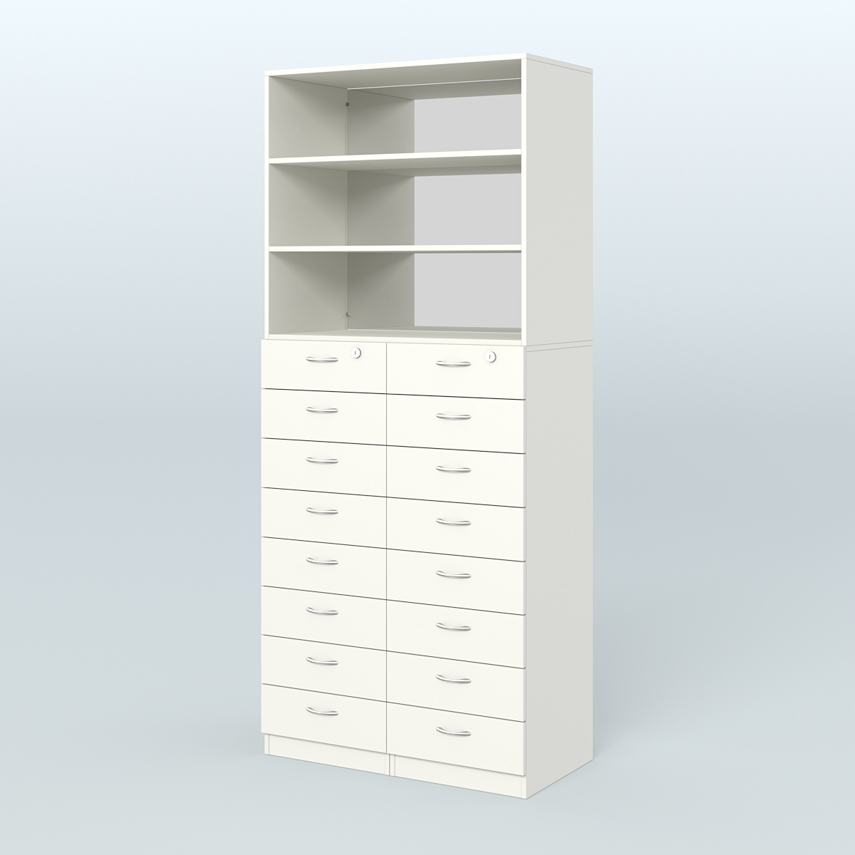 Шкаф для аптек с 16-ю ящиками и двумя полками ДСП и зеркалом №7-1-ДЗ Белый