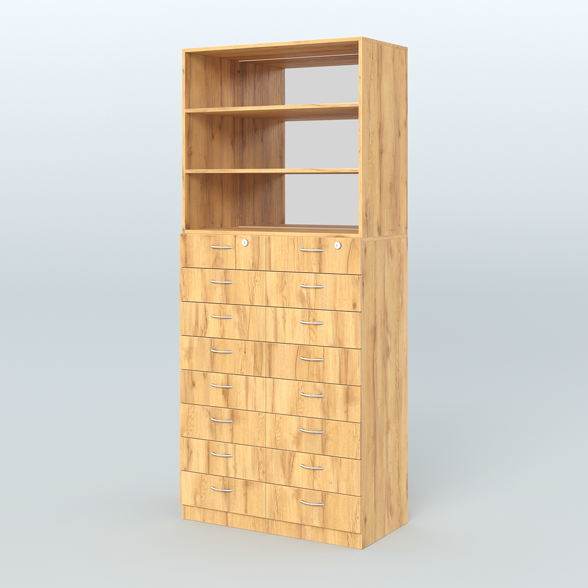 Шкаф для аптек с 16-ю ящиками и двумя полками ДСП и зеркалом №7-1-ДЗ Дуб Золотистый