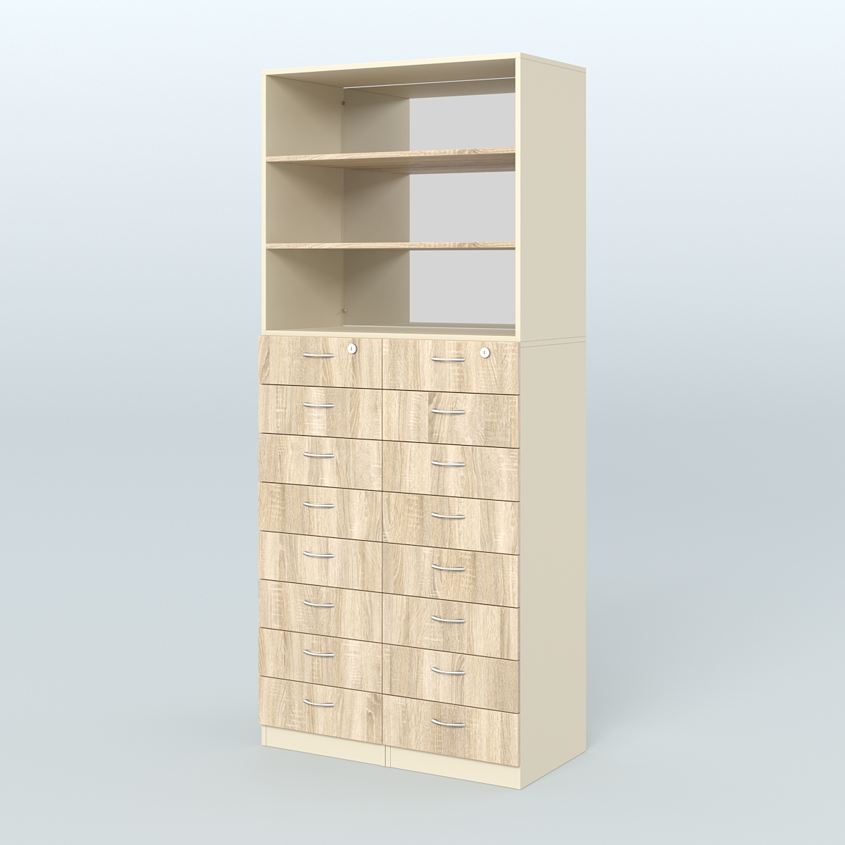 Шкаф для аптек с 16-ю ящиками и двумя полками ДСП и зеркалом №7-1-ДЗ Крем Вайс и Дуб Сонома U2236-5