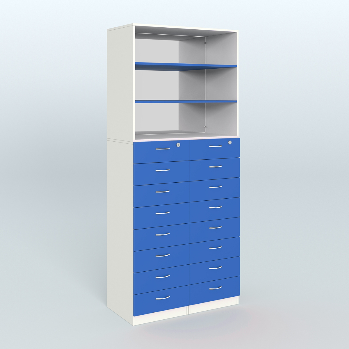 Шкаф для аптек с 16-ю ящиками и двумя полками ДСП и зеркалом №7-1-ДЗ Белый + Делфт голубой