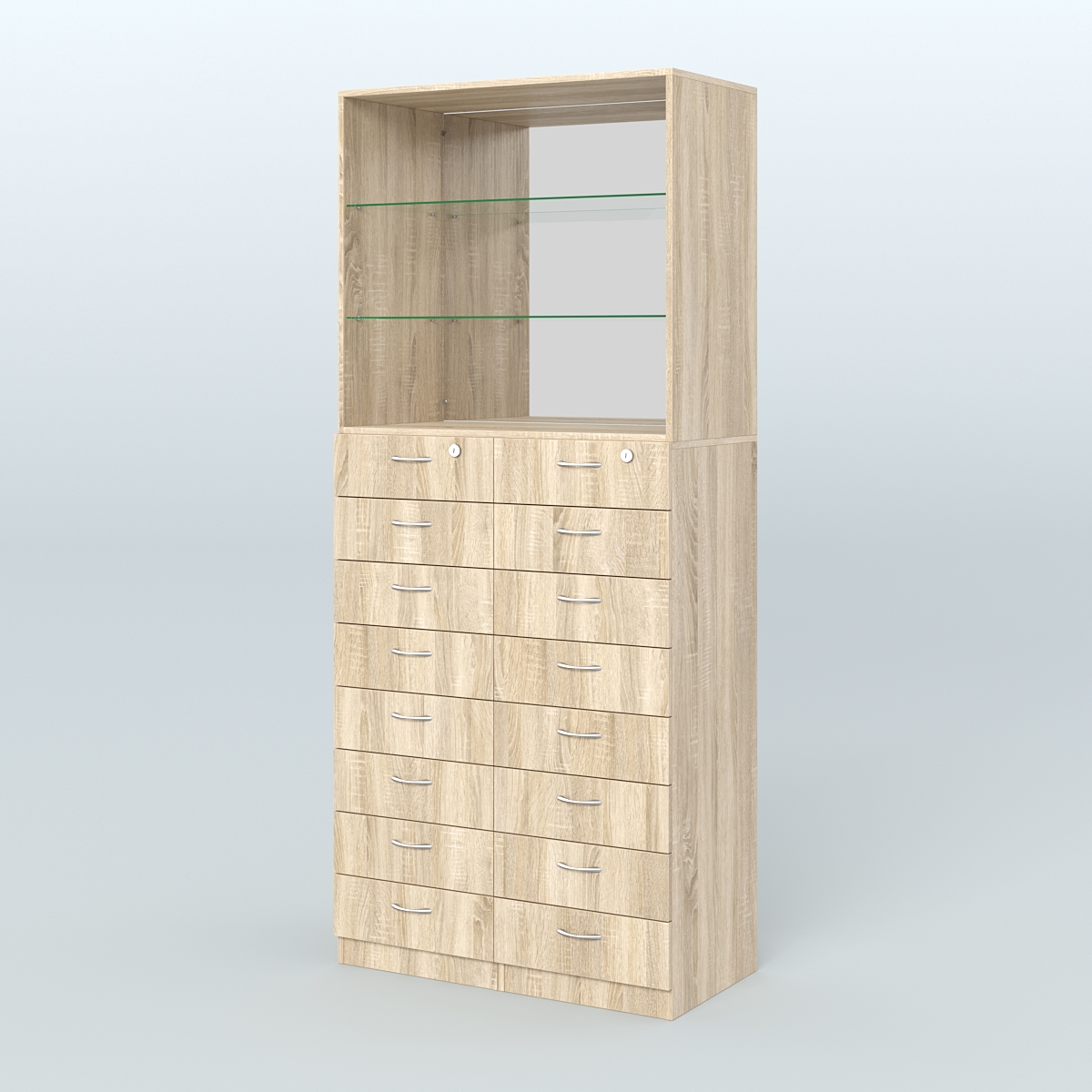 Шкаф для аптек с 16-ю ящиками стеклянными полками и зеркалом №7-1-СЗ Дуб Сонома