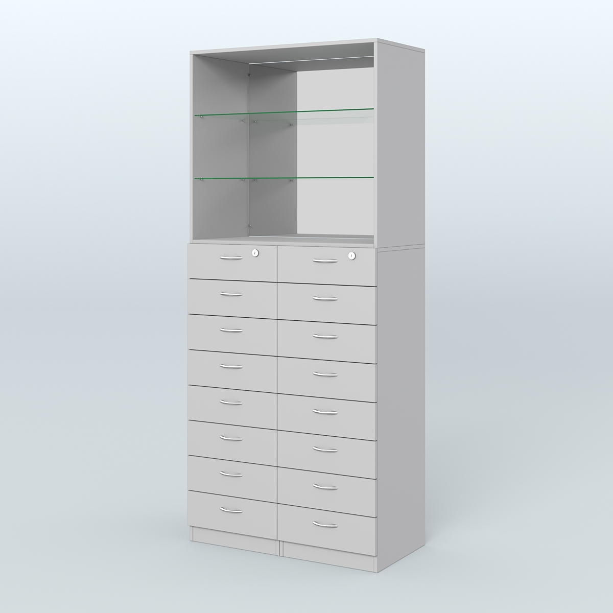 Шкаф для аптек с 16-ю ящиками стеклянными полками и зеркалом №7-1-СЗ Серый