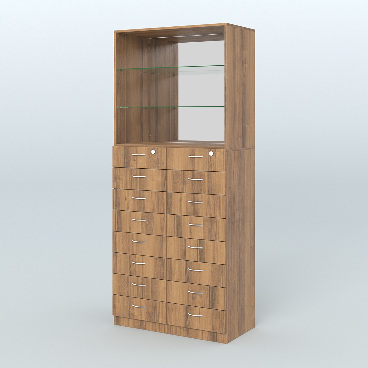 Шкаф для аптек с 16-ю ящиками стеклянными полками и зеркалом №7-1-СЗ Орех