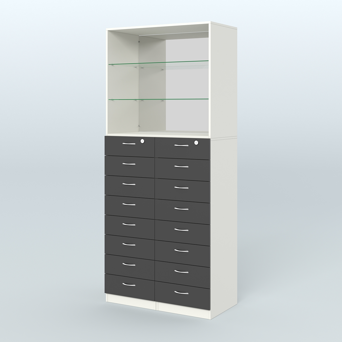 Шкаф для аптек с 16-ю ящиками стеклянными полками и зеркалом №7-1-СЗ Белый и Черный