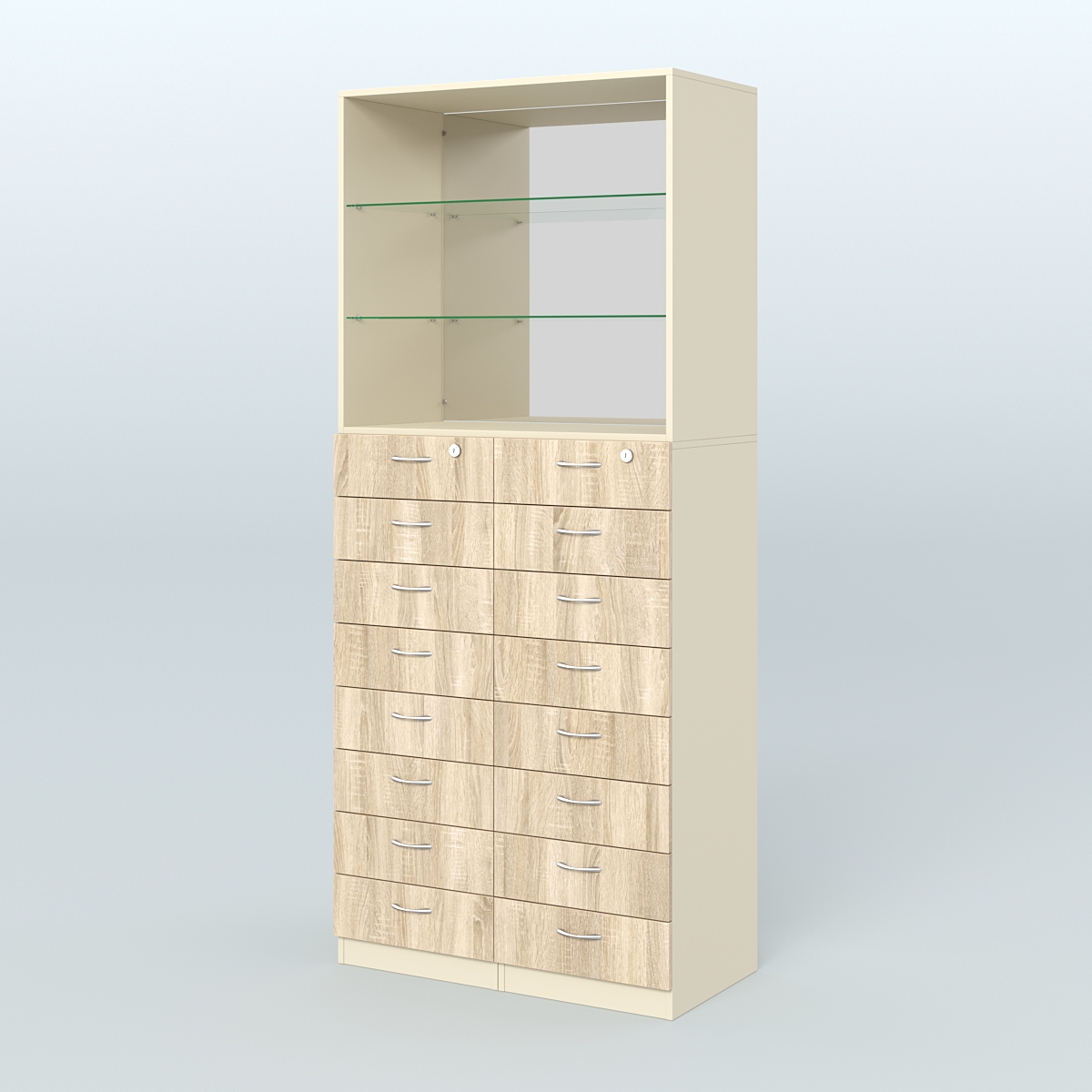 Шкаф для аптек с 16-ю ящиками стеклянными полками и зеркалом №7-1-СЗ Крем Вайс и Дуб Сонома U2236-5