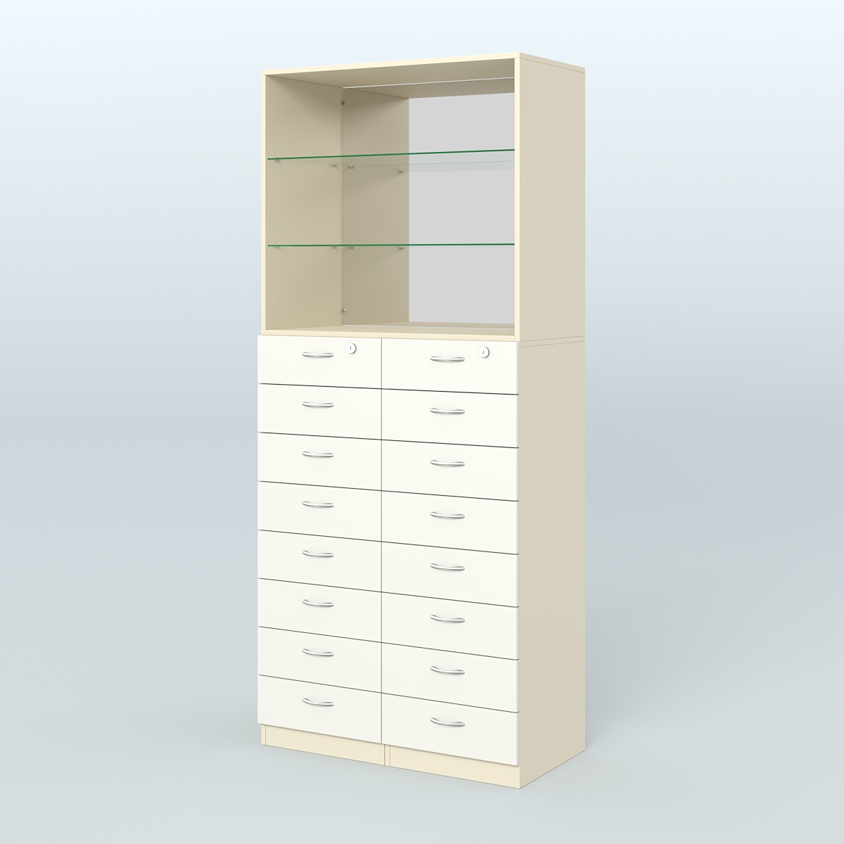 Шкаф для аптек с 16-ю ящиками стеклянными полками и зеркалом №7-1-СЗ Крем Вайс + Белый