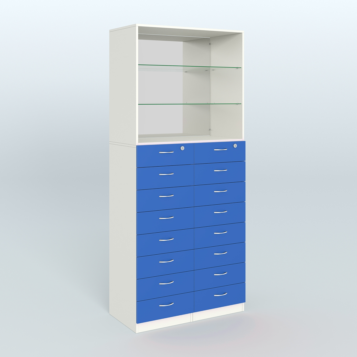 Шкаф для аптек с 16-ю ящиками стеклянными полками и зеркалом №7-1-СЗ Белый + Делфт голубой