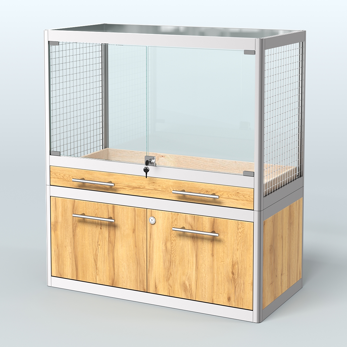 Витрина низкая для продажи средних млекопитающих в зоомагазин серии КУНЬИ-01 Дуб Золотистый