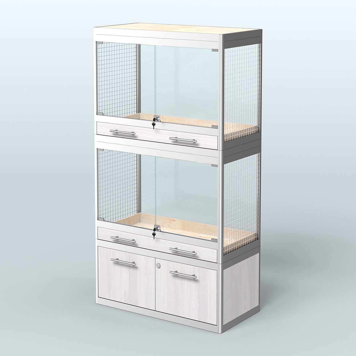 Витрина малая с подсветкой для продажи средних млекопитающих в зоомагазин серии КУНЬИ-С-02 Ясень Анкор светлый