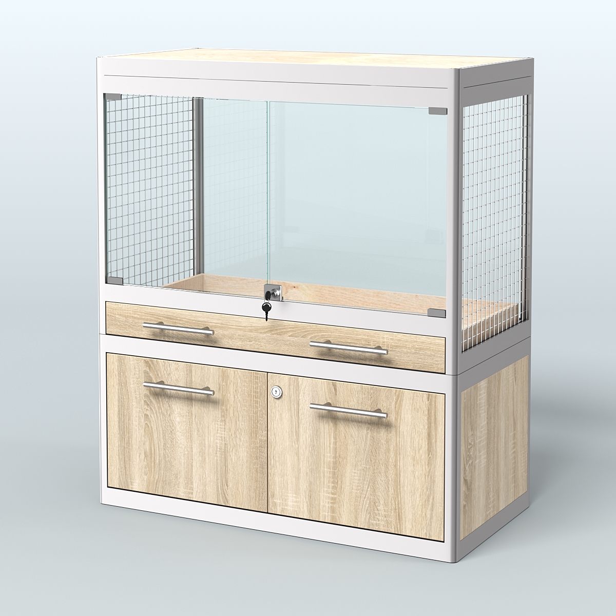 Витрина низкая с подсветкой для продажи средних млекопитающих в зоомагазин серии КУНЬИ-С-01 Дуб сонома