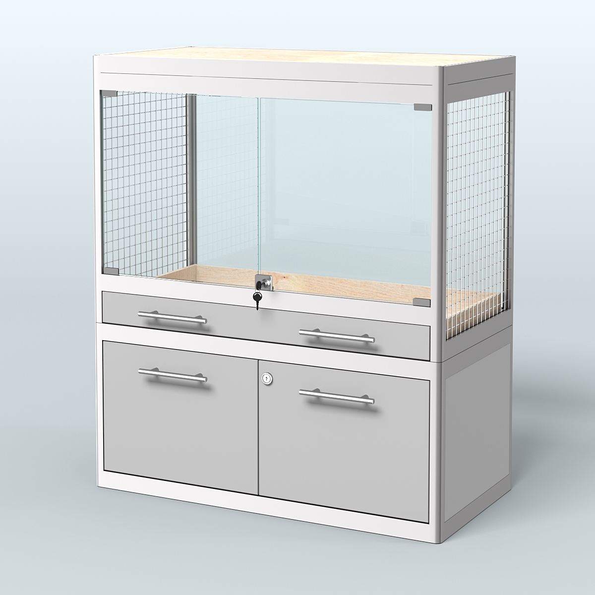 Витрина низкая с подсветкой для продажи средних млекопитающих в зоомагазин серии КУНЬИ-С-01 Серый