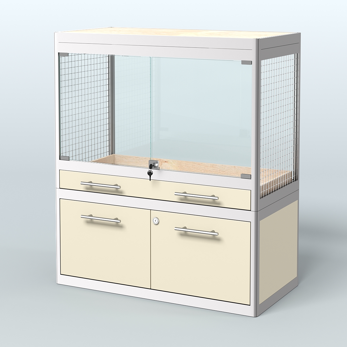 Витрина низкая с подсветкой для продажи средних млекопитающих в зоомагазин серии КУНЬИ-С-01 Крем Вайс