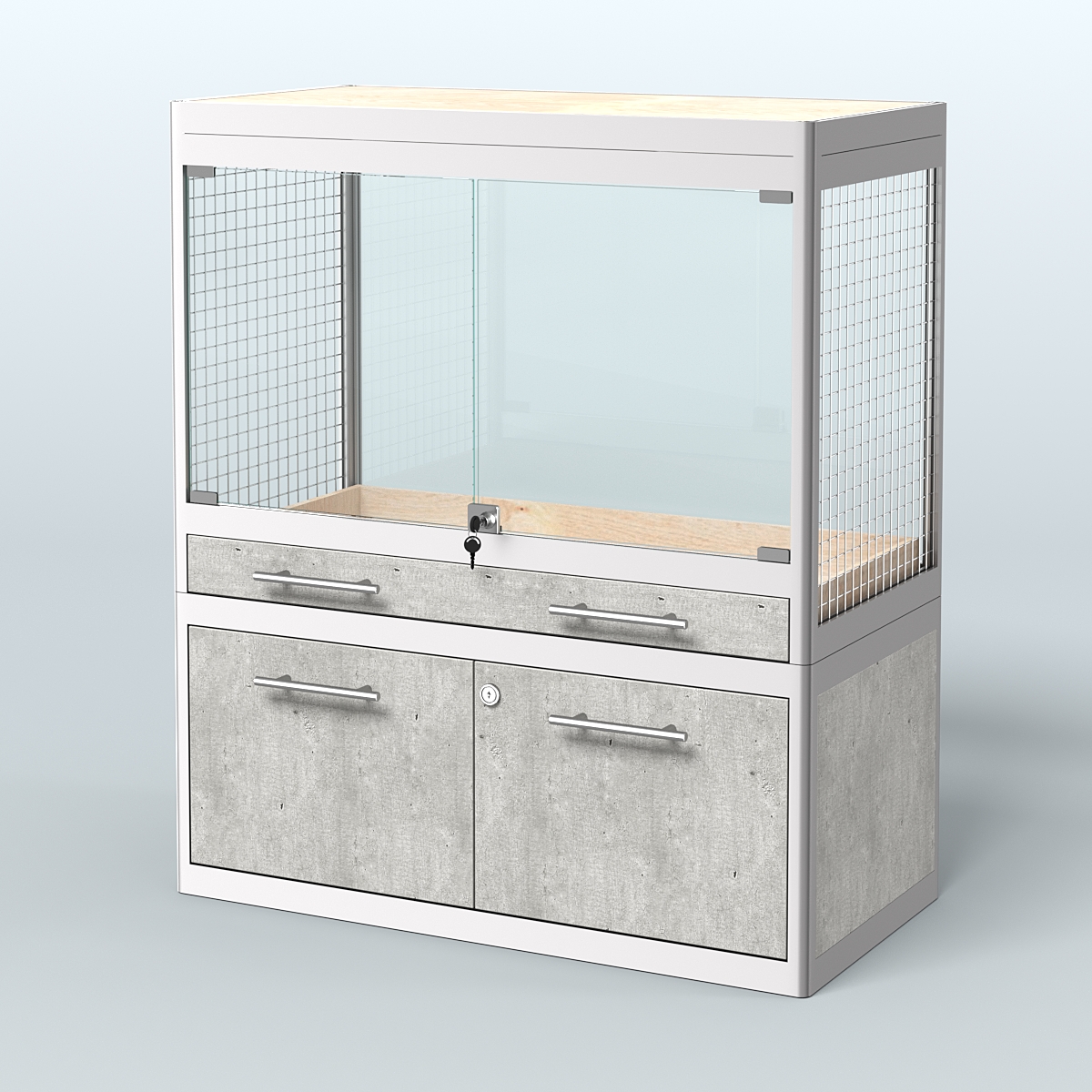 Витрина низкая с подсветкой для продажи средних млекопитающих в зоомагазин серии КУНЬИ-С-01 Метрополитан Грей