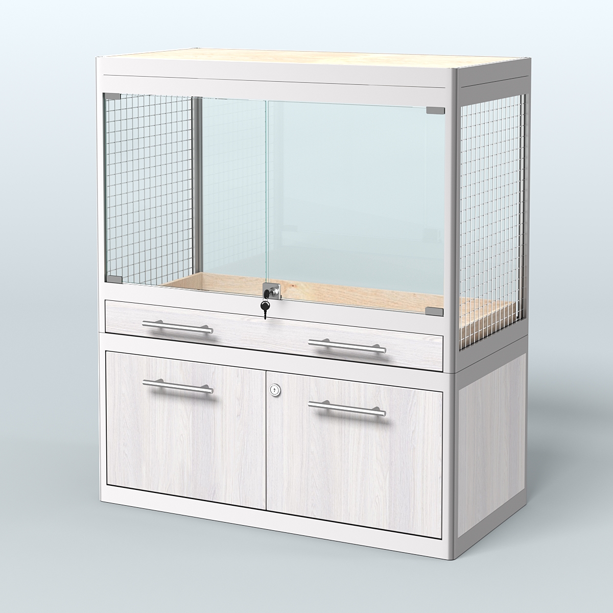 Витрина низкая с подсветкой для продажи средних млекопитающих в зоомагазин серии КУНЬИ-С-01 Ясень Анкор светлый