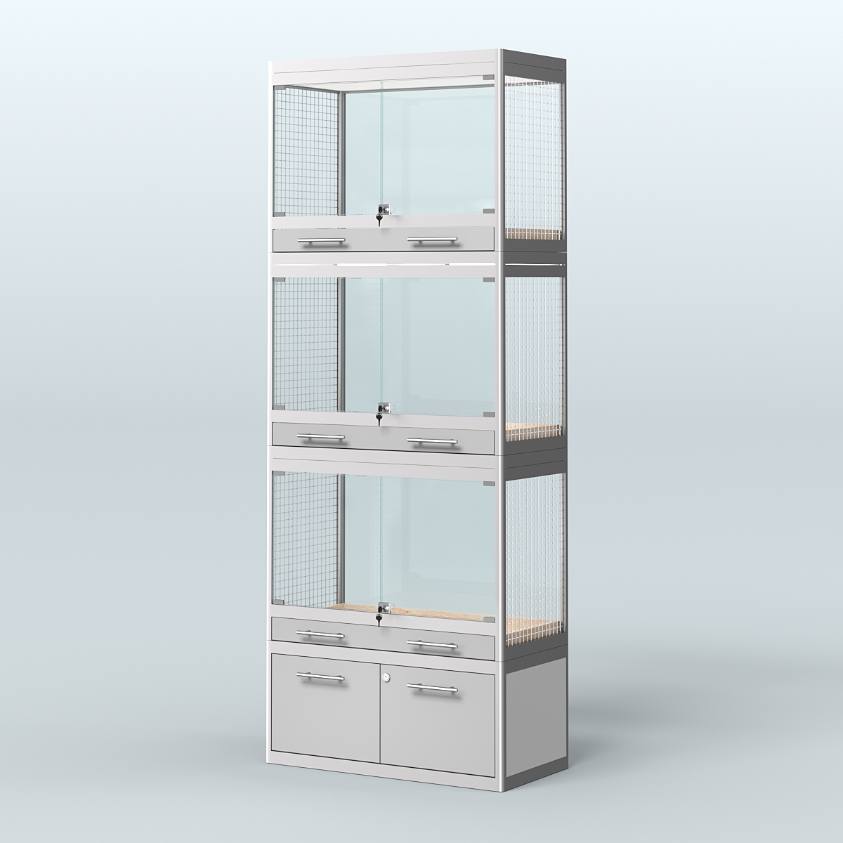 Витрина средняя с подсветкой для продажи средних млекопитающих в зоомагазин серии КУНЬИ-С-03 Серый