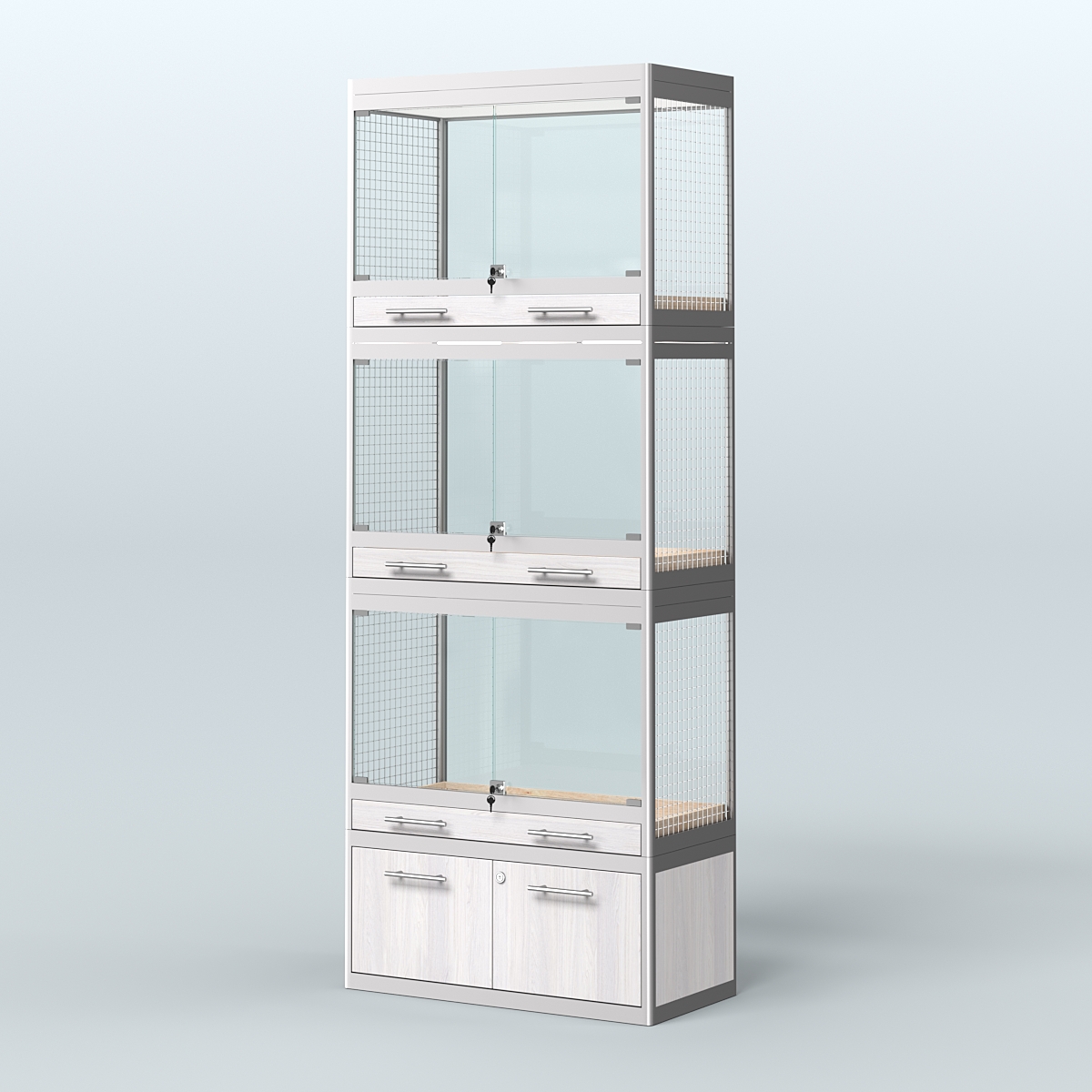 Витрина средняя с подсветкой для продажи средних млекопитающих в зоомагазин серии КУНЬИ-С-03 Ясень Анкор светлый