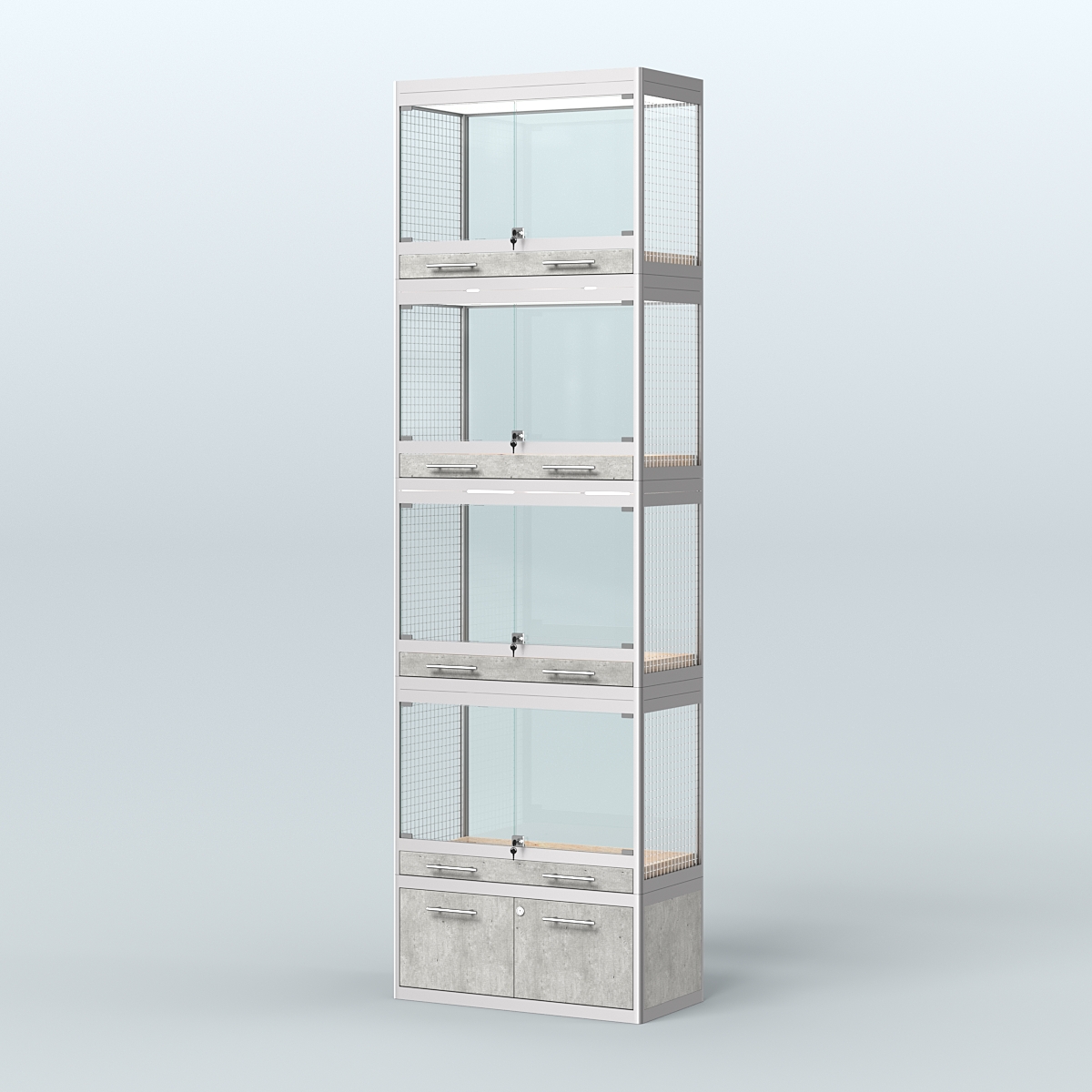 Витрина большая с подсветкой для продажи средних млекопитающих в зоомагазин серии КУНЬИ-С-04 Метрополитан Грей