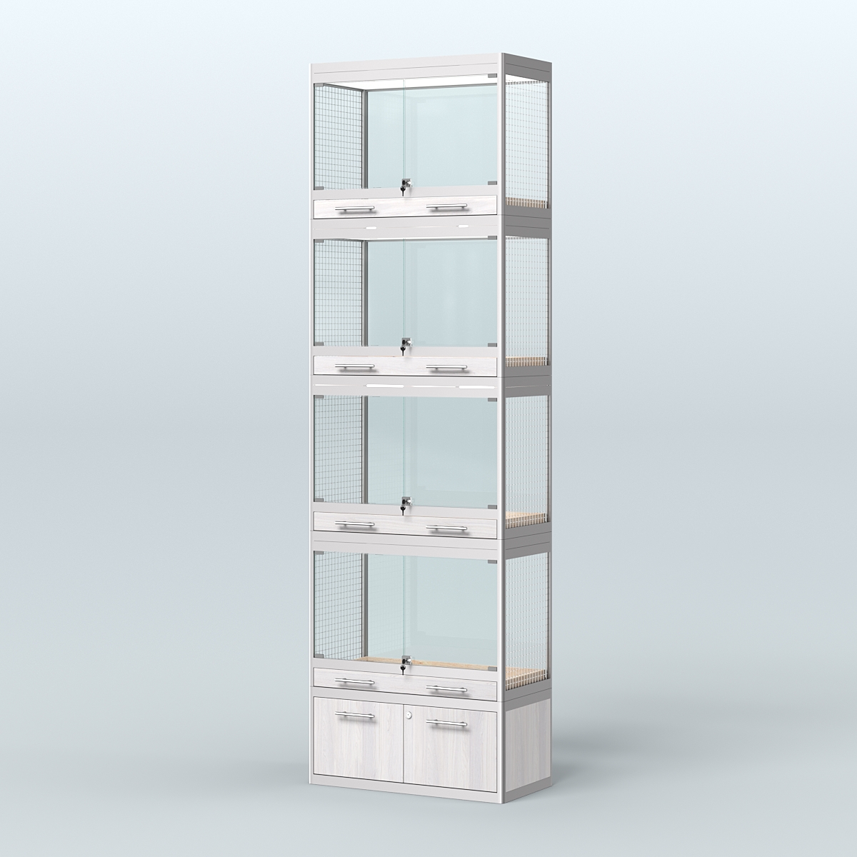 Витрина большая с подсветкой для продажи средних млекопитающих в зоомагазин серии КУНЬИ-С-04 Ясень Анкор светлый