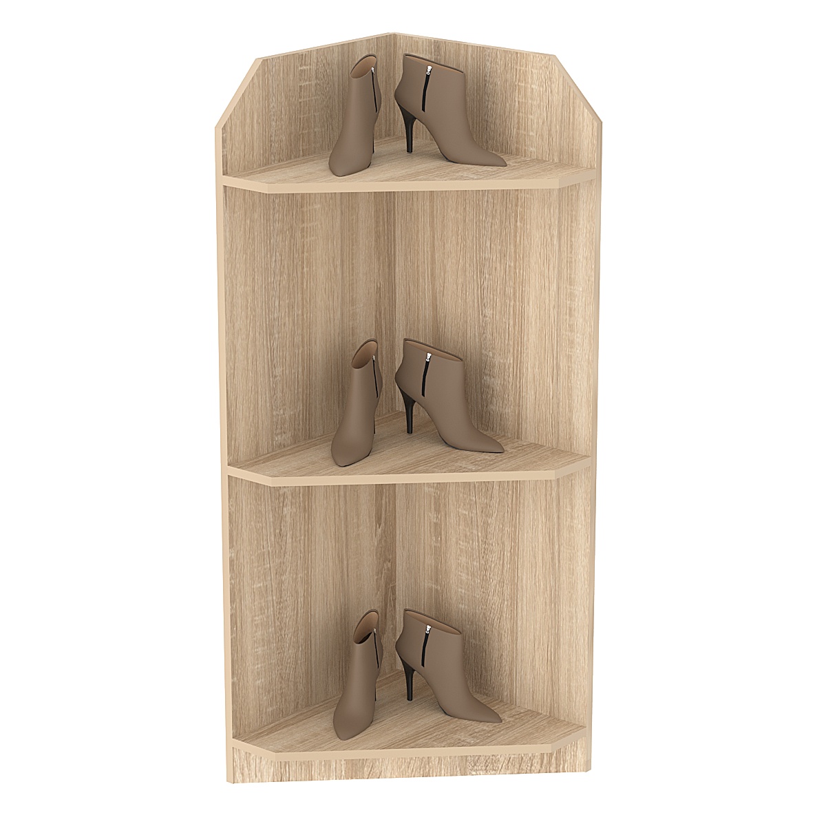 Торговый стеллаж из ДСП для обуви №6 низкий с тремя полками угловой Дуб сонома