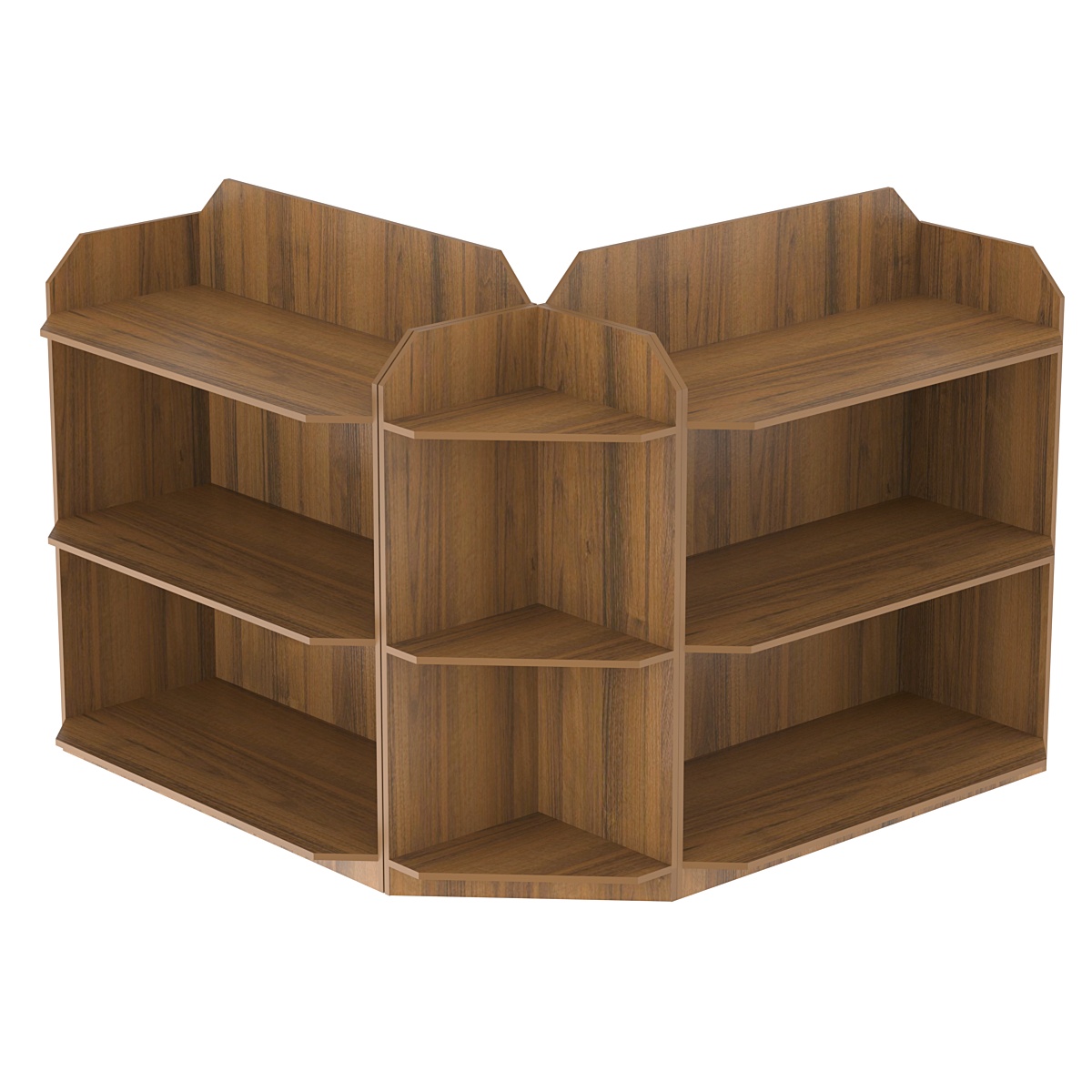 Торговый угловой низкий стеллаж для обуви с тремя полками №1 Орех