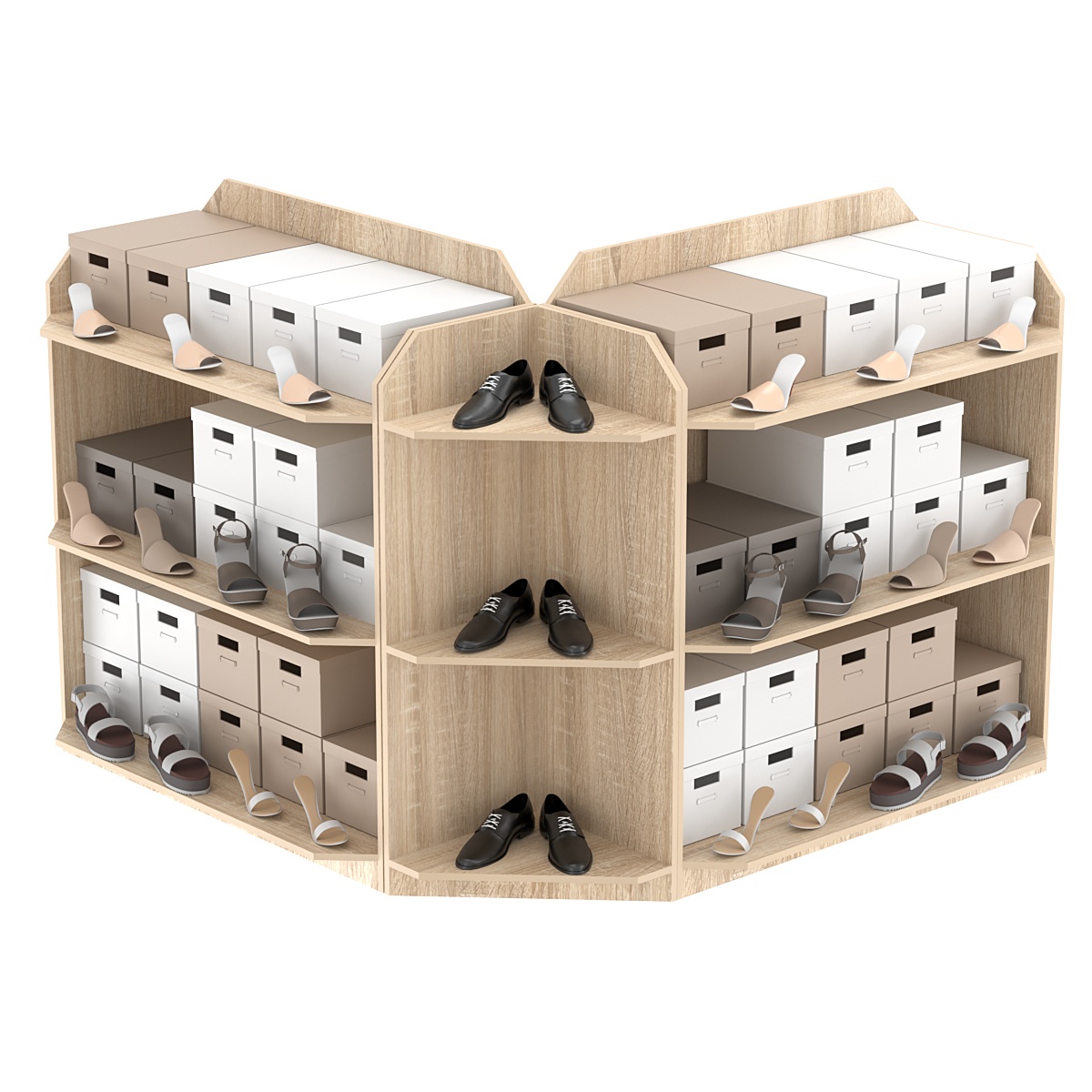 Торговый угловой низкий стеллаж для обуви с тремя полками №1 Дуб сонома