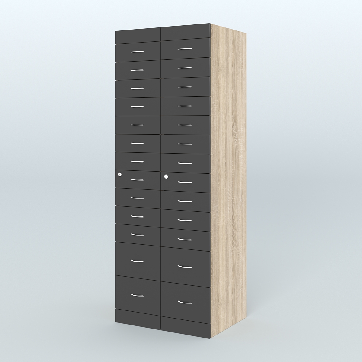 Рецептурный шкаф для аптек METACASE №2 глубиной 600 мм (26 ящиков) Дуб Сонома + Черный