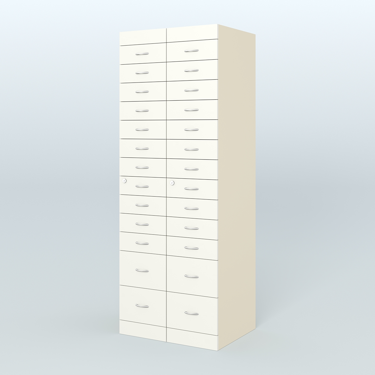 Рецептурный шкаф для аптек METACASE №2 глубиной 600 мм (26 ящиков) Крем Вайс + Белый