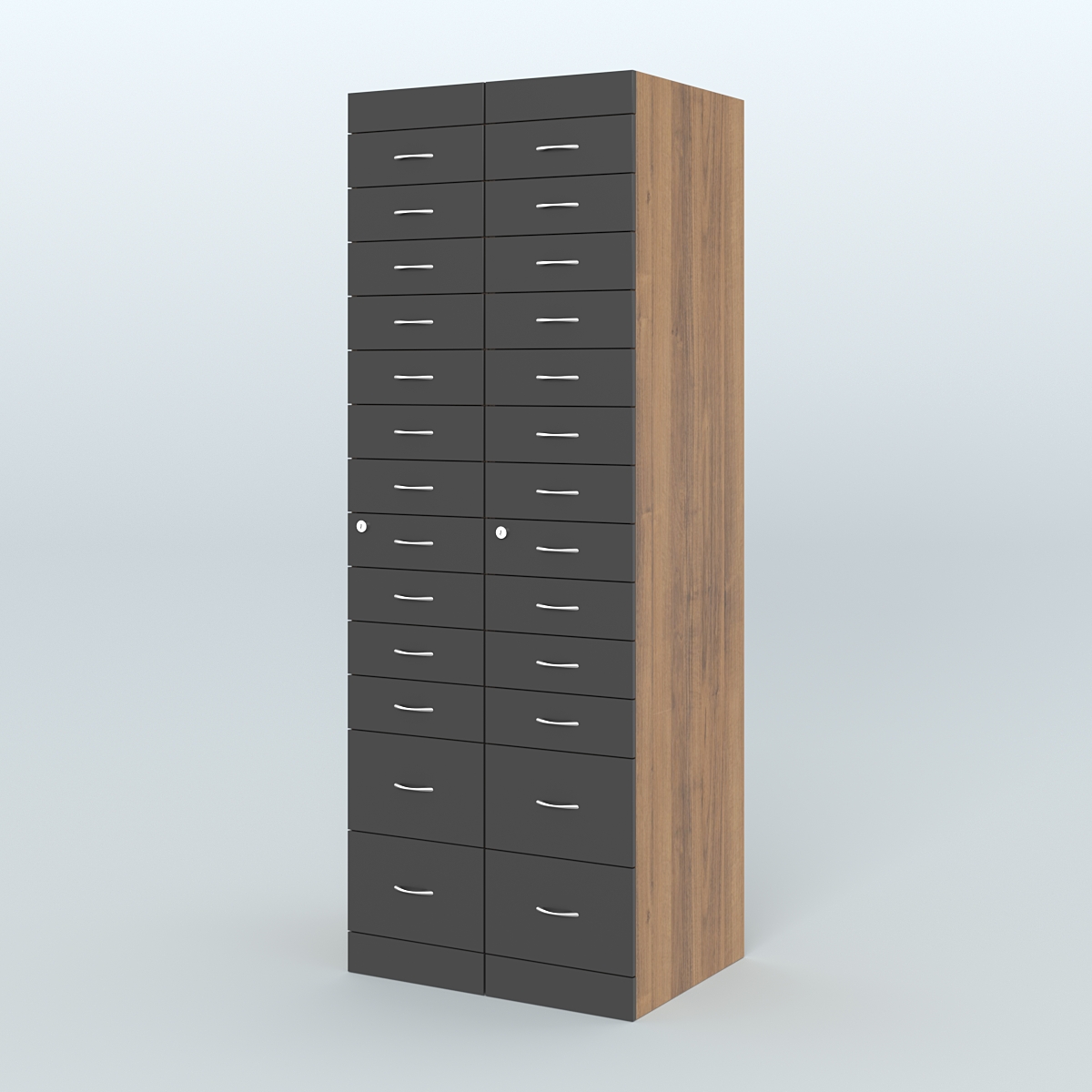 Рецептурный шкаф для аптек METACASE №2 глубиной 600 мм (26 ящиков) Орех + Черный